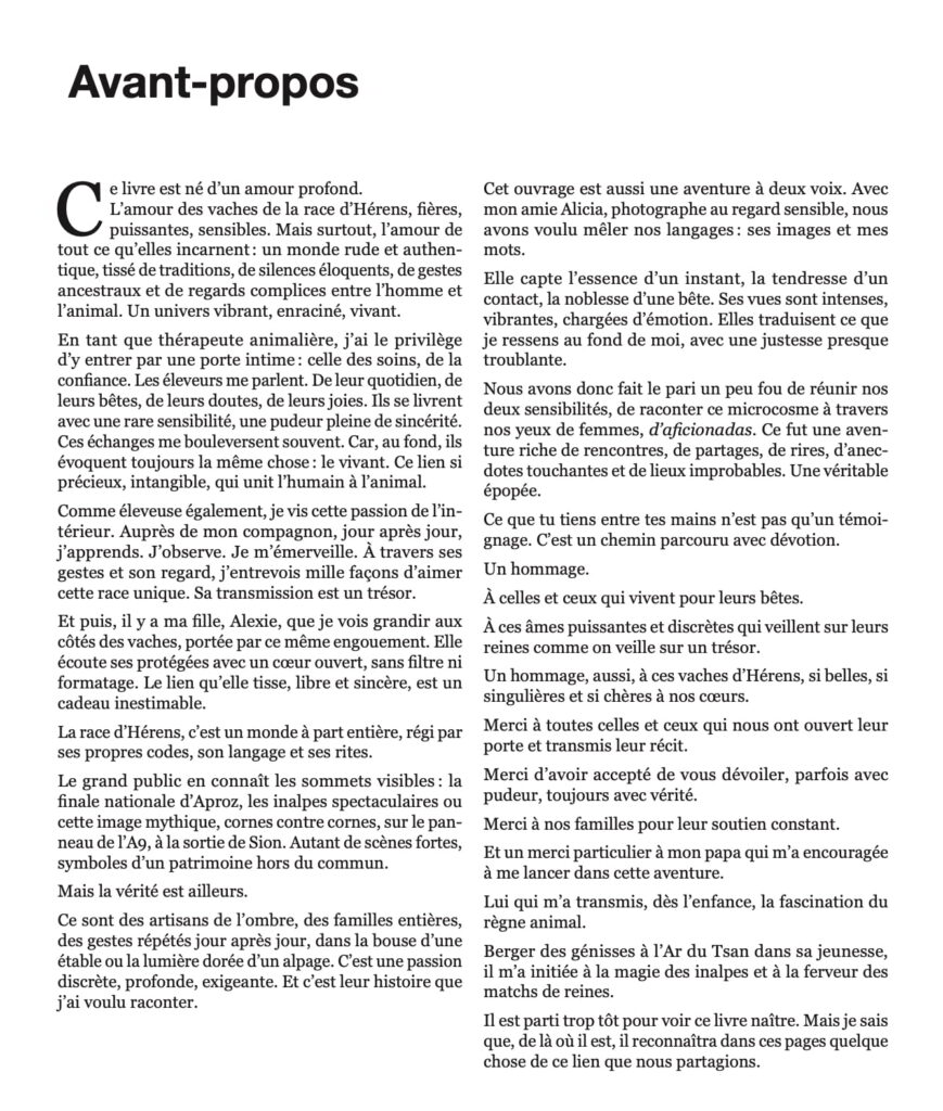 Extrait du livre « Regard de Reine » : avant-propos sur l’amour des vaches d’Hérens et le lien entre humains et animaux.